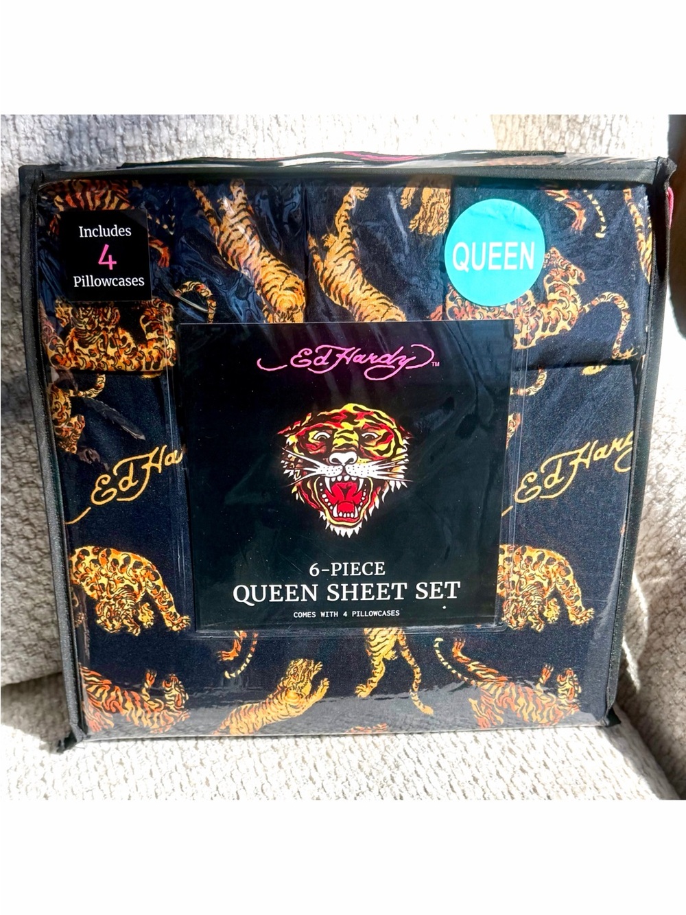 Ed Hardy Tigers Queen Sheet Set 6pc Black Leopard Y2K Bedding Maximalist NWT